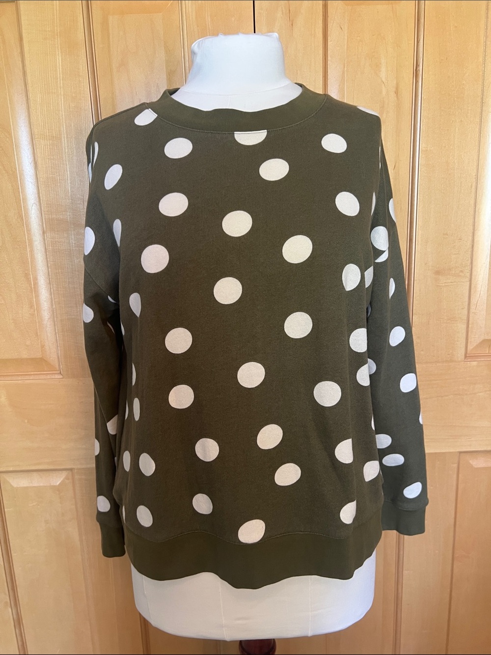 Talbots Olive Crewneck Sweater with White Polka Dots